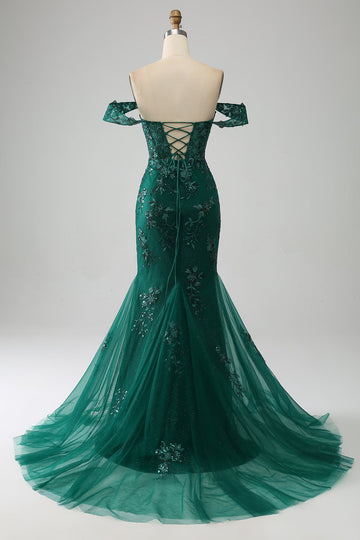 Sirena Off The Shoulder Abito da ballo verde scuro con applicazioni